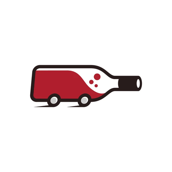 A stylized delivery truck shaped like a bottle of wine, with wheels under the base of the bottle and red wine liquid inside, symbolizing liquor delivery services.