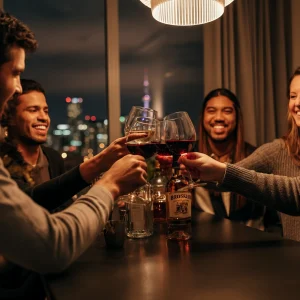 Group of friends raising glasses with wine and spirits in a cozy indoor setting, with Toronto skyline visible in the background.