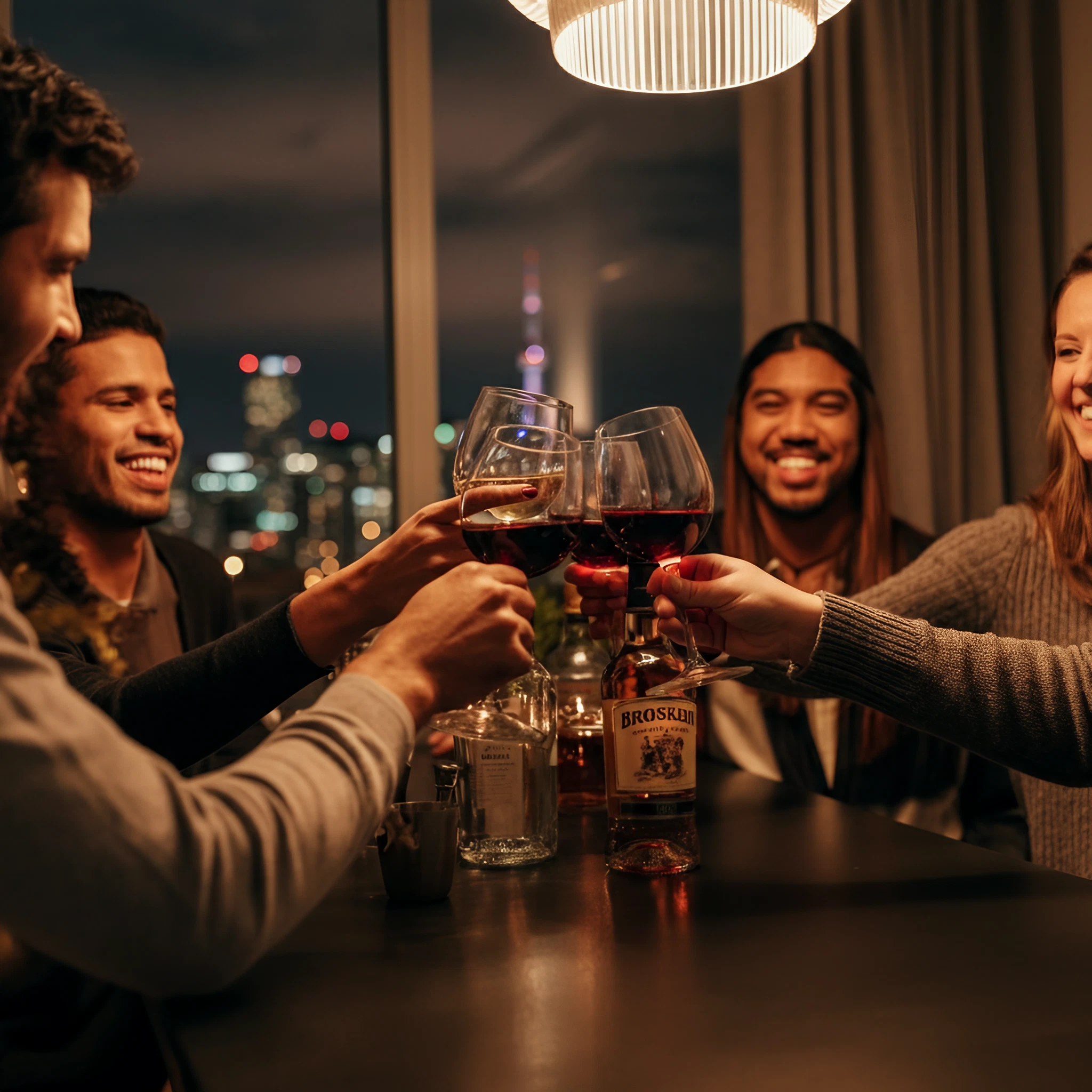 Group of friends raising glasses with wine and spirits in a cozy indoor setting, with Toronto skyline visible in the background.