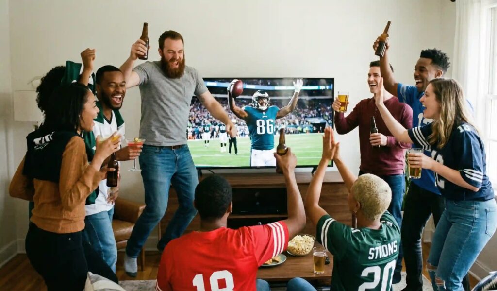 Friends celebrating Super Bowl Sunday with drinks in Toronto