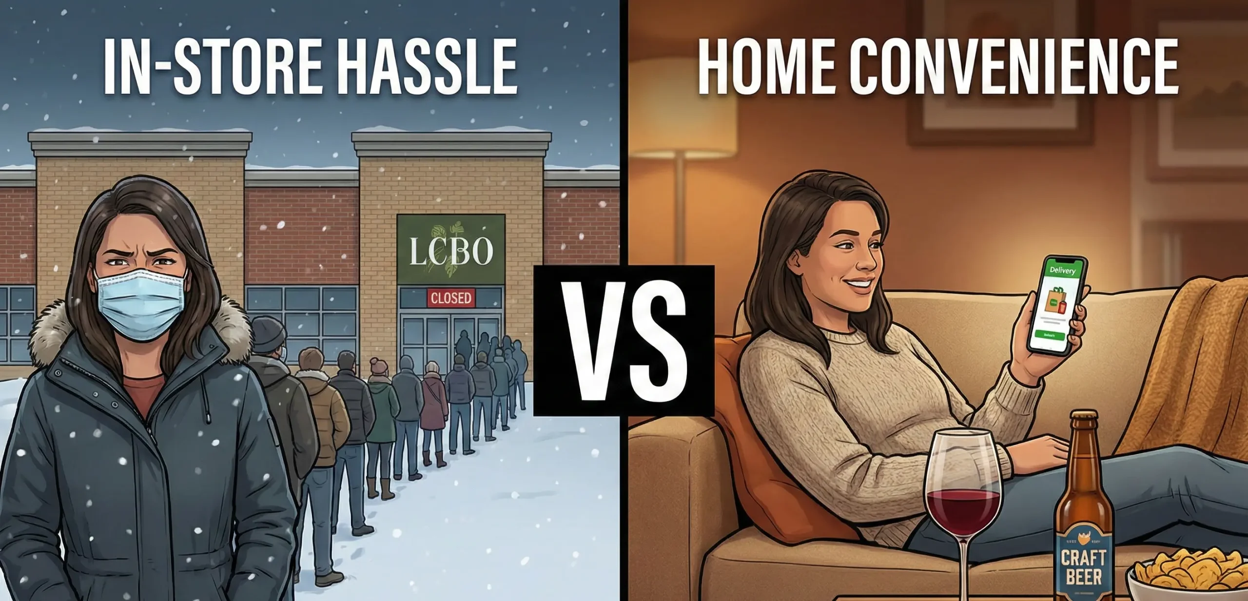 Comparison between waiting at a closed LCBO and ordering after-hours alcohol delivery to your home in the GTA