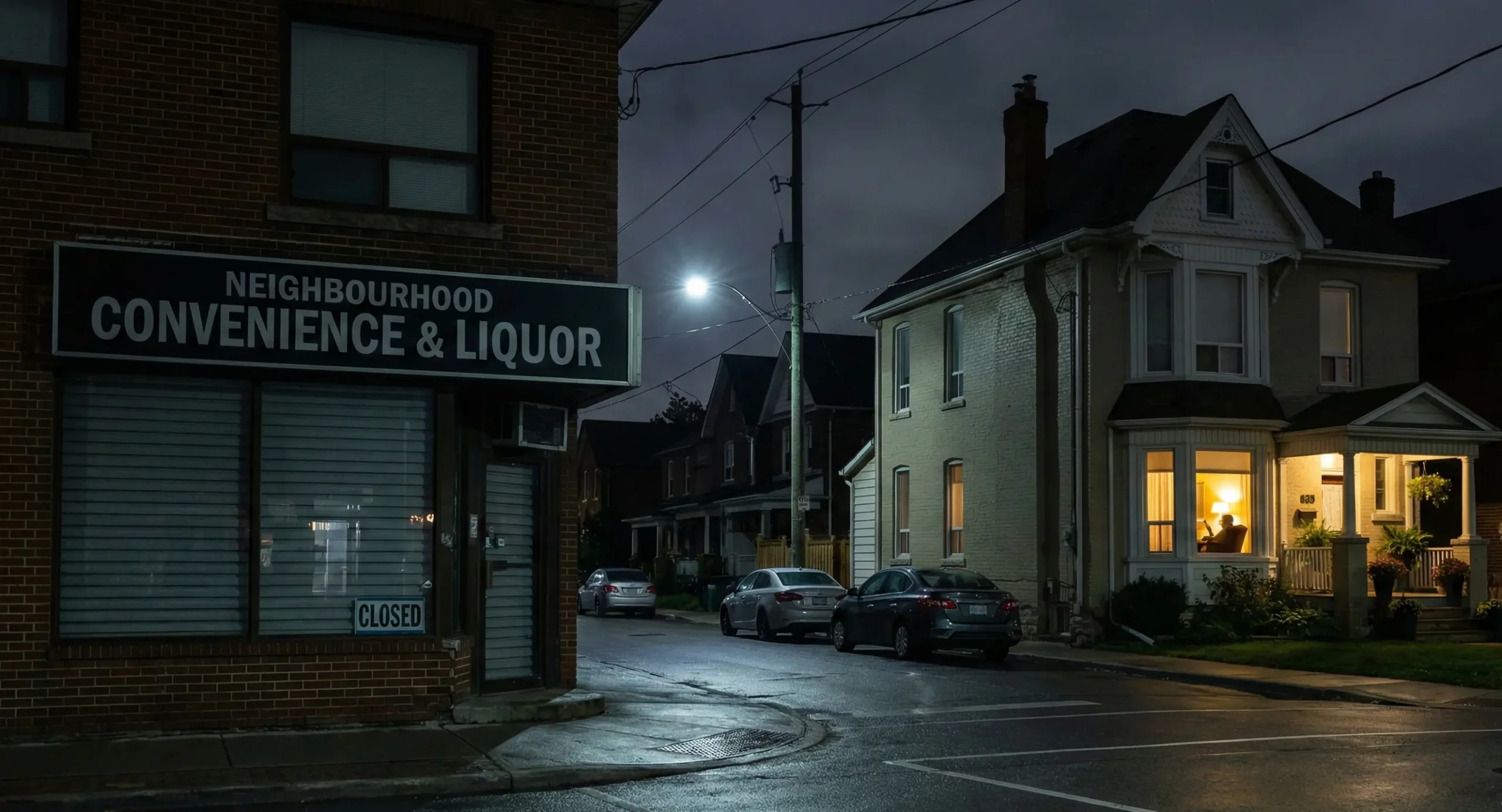 Closed liquor store at night in the GTA with a residential street in the background